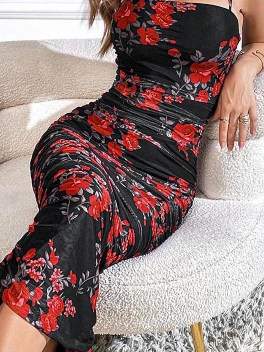 Black & Red Floral Strapless Ruched Midi Dress